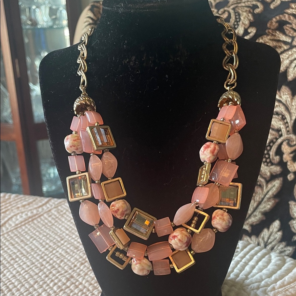 Layered Pink Statement Necklace with Gold Accents